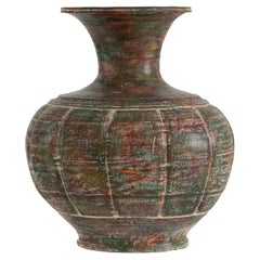 Distressed Green and Red Glazed Vase with Fluted Neck and Bulbous Body