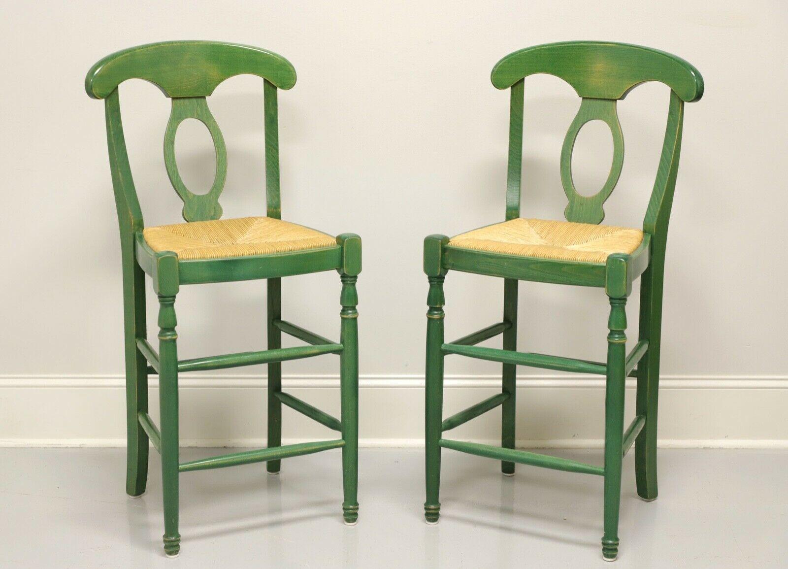 Wood Distressed Green Painted Barstools with Rush Seats - Pair