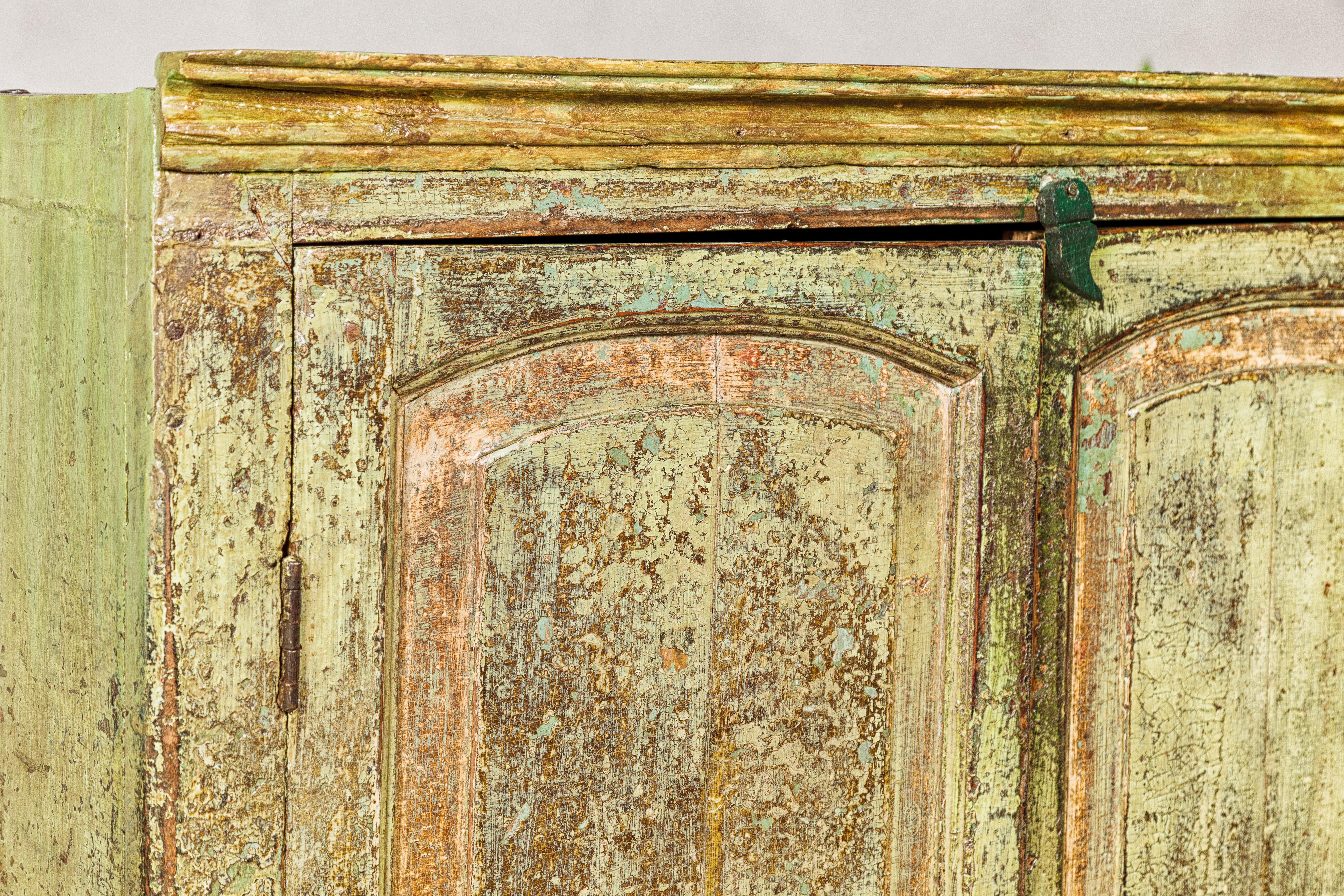 Distressed Green Painted Indian Cabinet with Paneled Doors and Two Drawers For Sale 4