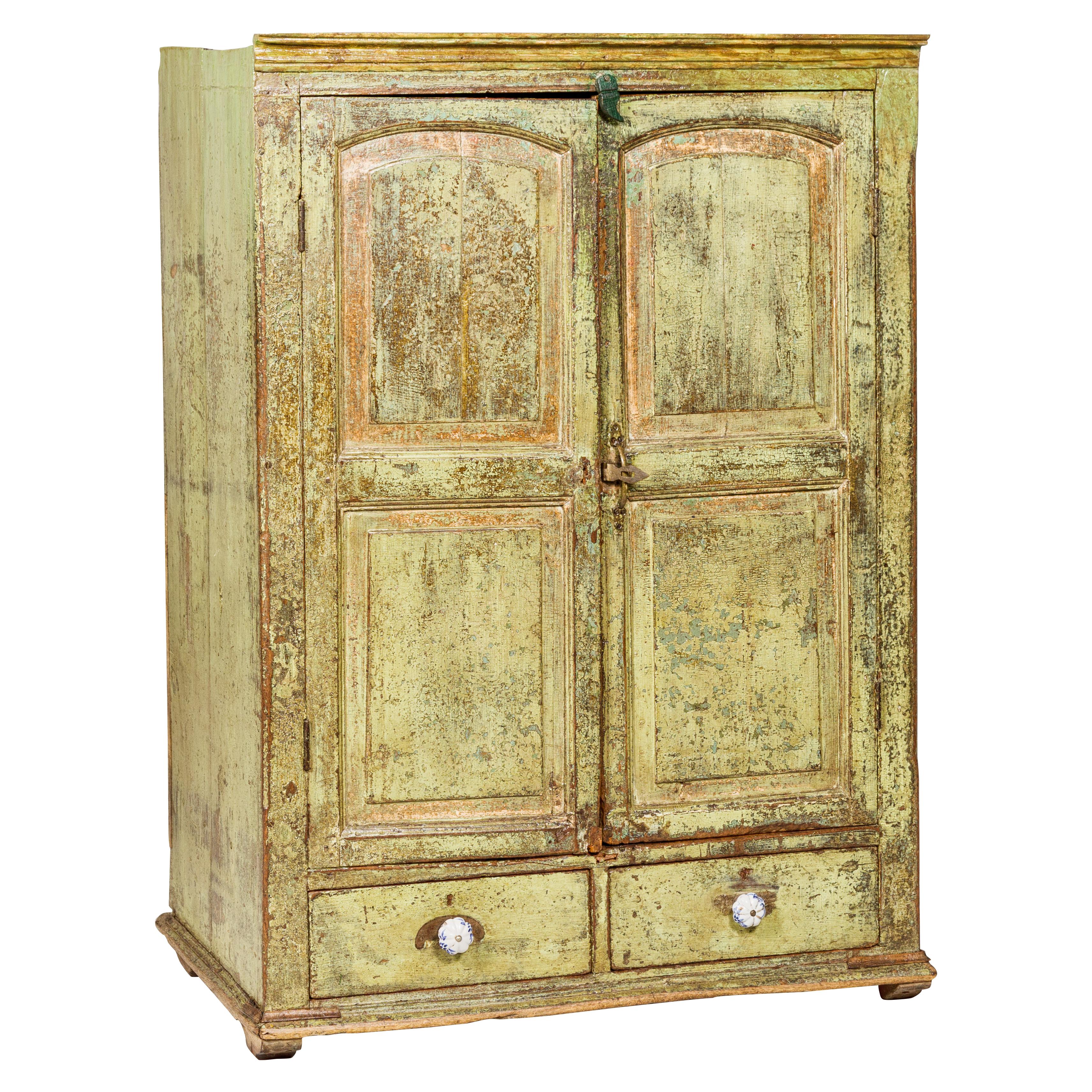 Distressed Green Painted Indian Cabinet with Paneled Doors and Two Drawers For Sale 11