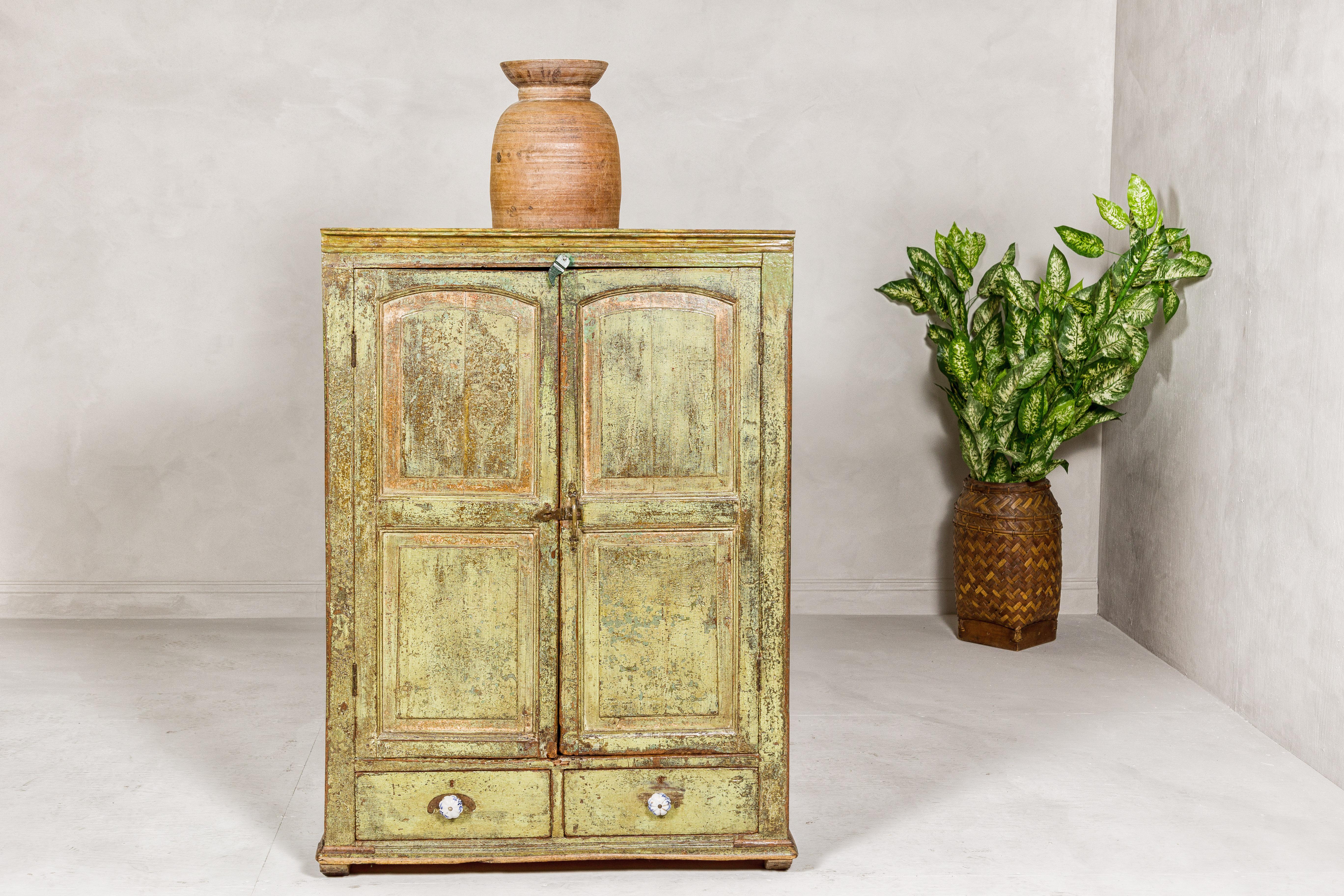 Distressed Green Painted Indian Cabinet with Paneled Doors and Two Drawers For Sale 1