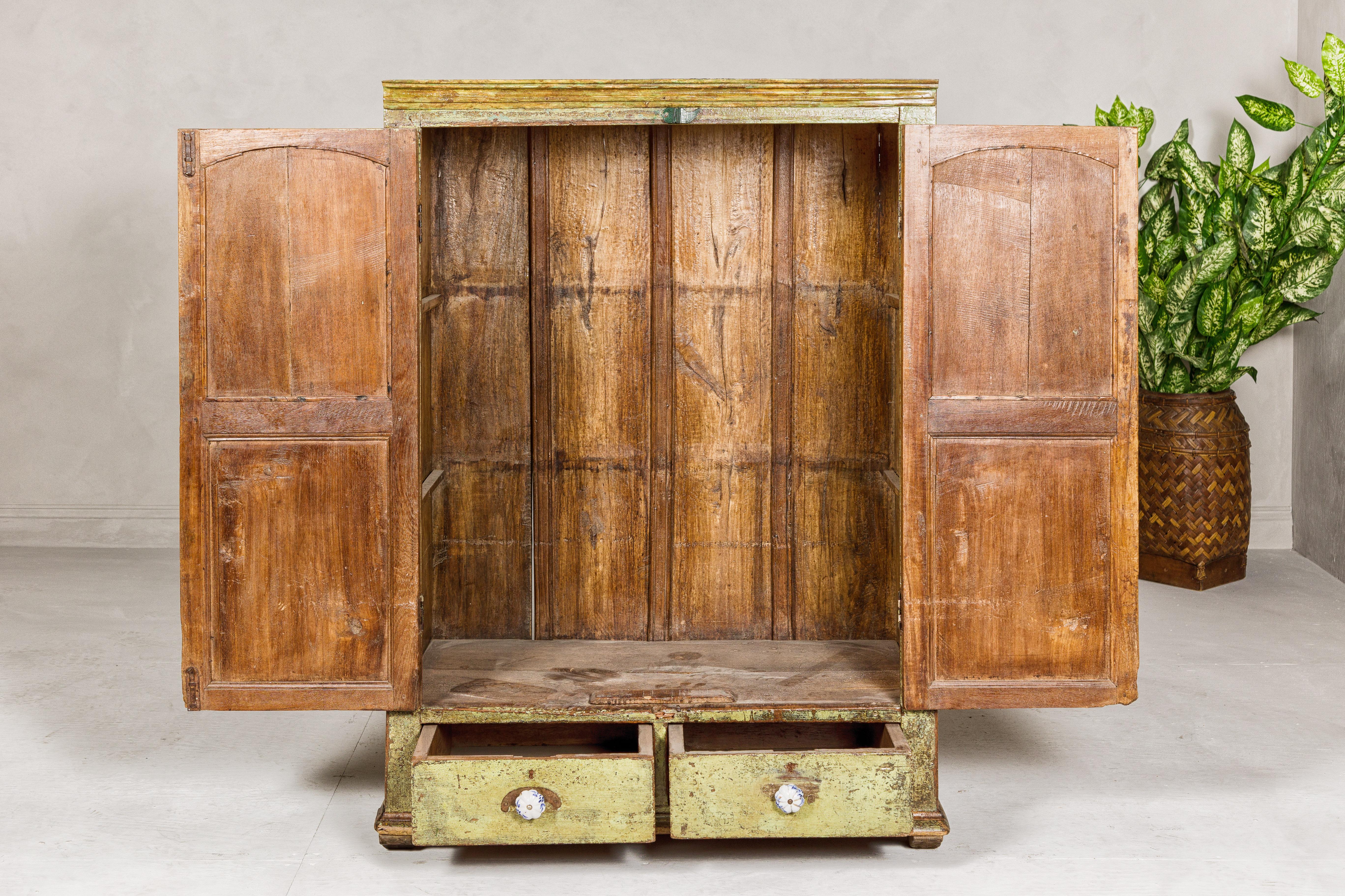 Distressed Green Painted Indian Cabinet with Paneled Doors and Two Drawers For Sale 2