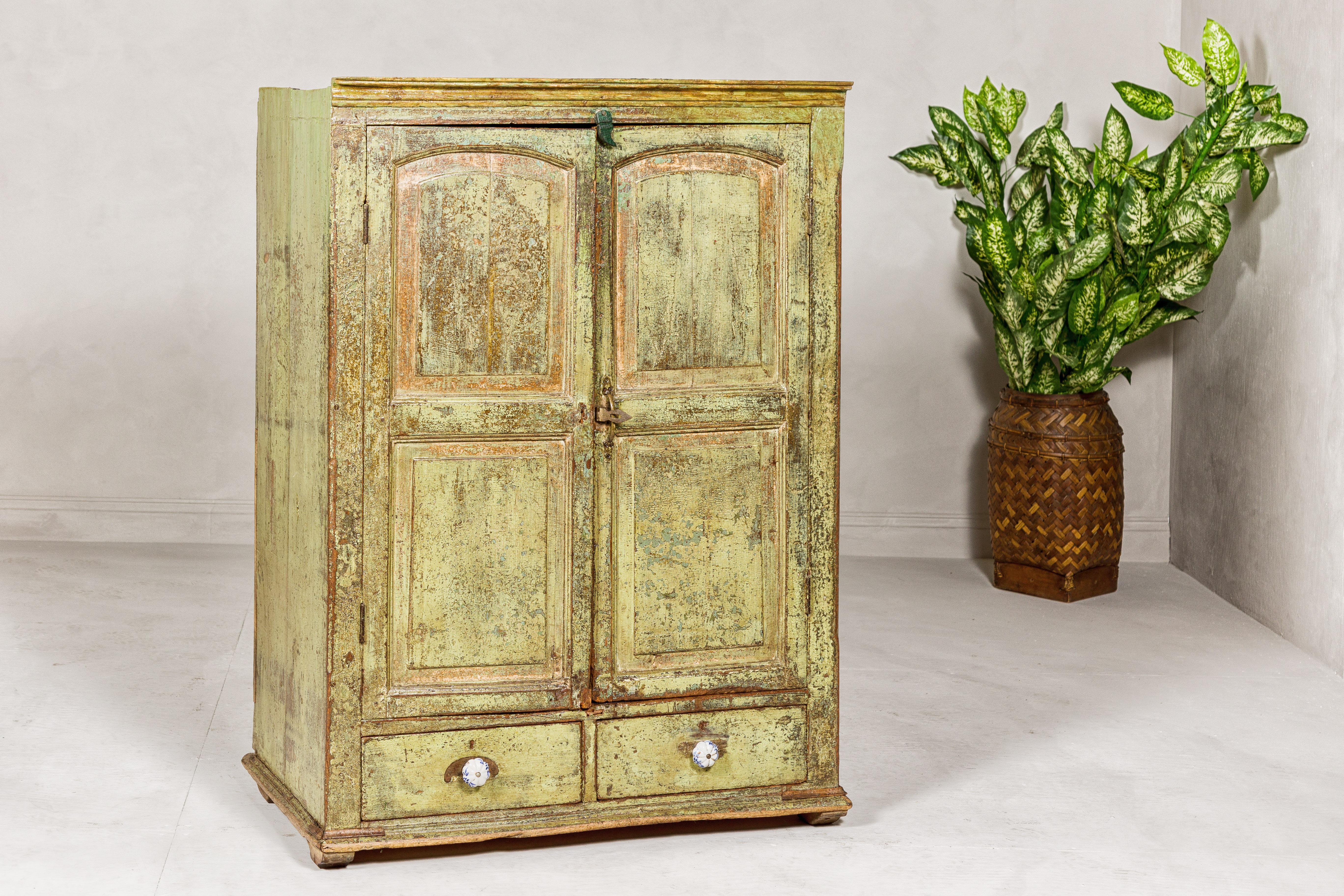 Distressed Green Painted Indian Cabinet with Paneled Doors and Two Drawers For Sale 3