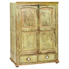 Distressed Green Painted Indian Cabinet with Paneled Doors and Two Drawers