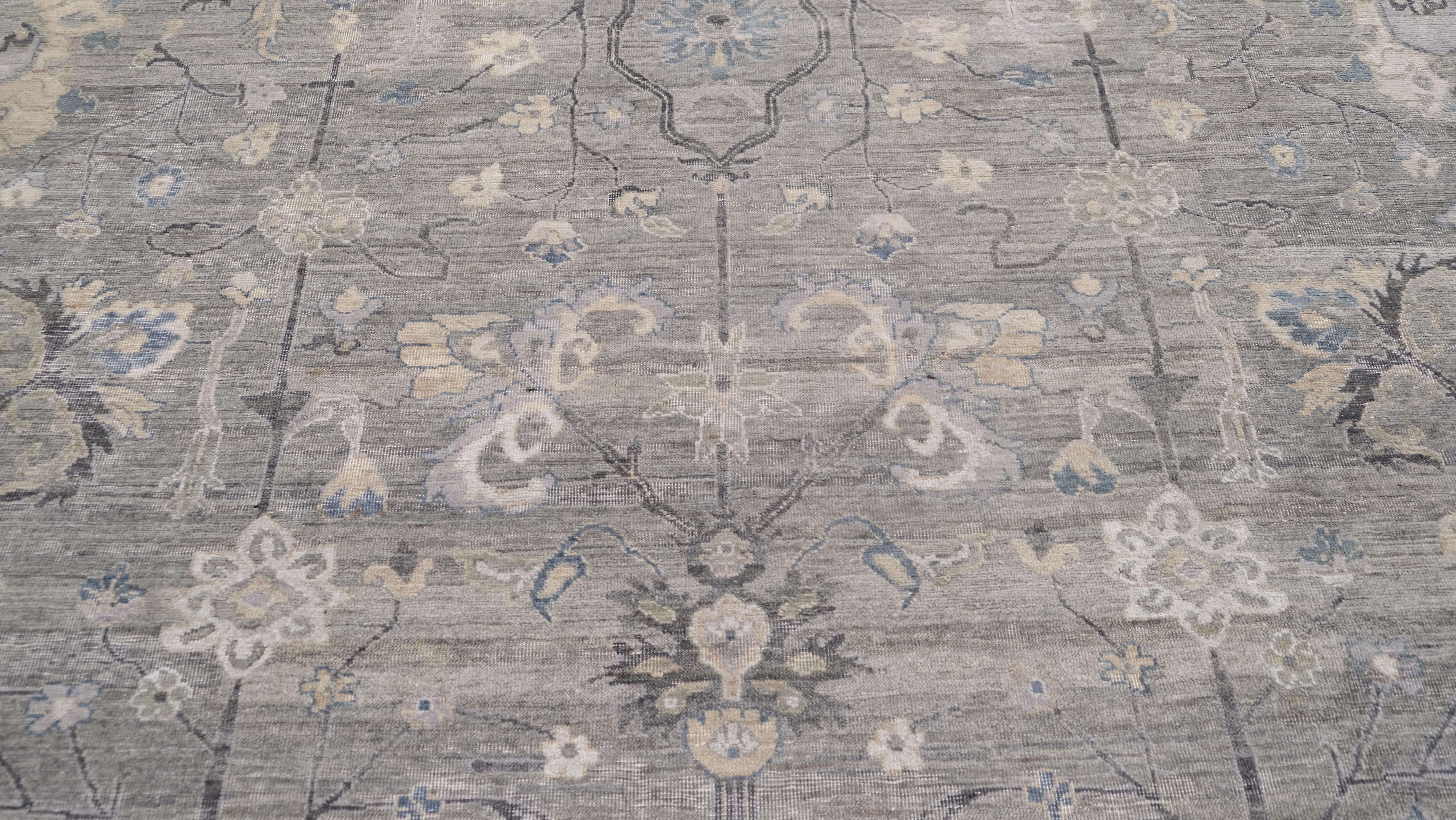 Wollteppich im Used-Look in Grau mit Täbris-Muster 9'x12' (Handgeknüpft) im Angebot