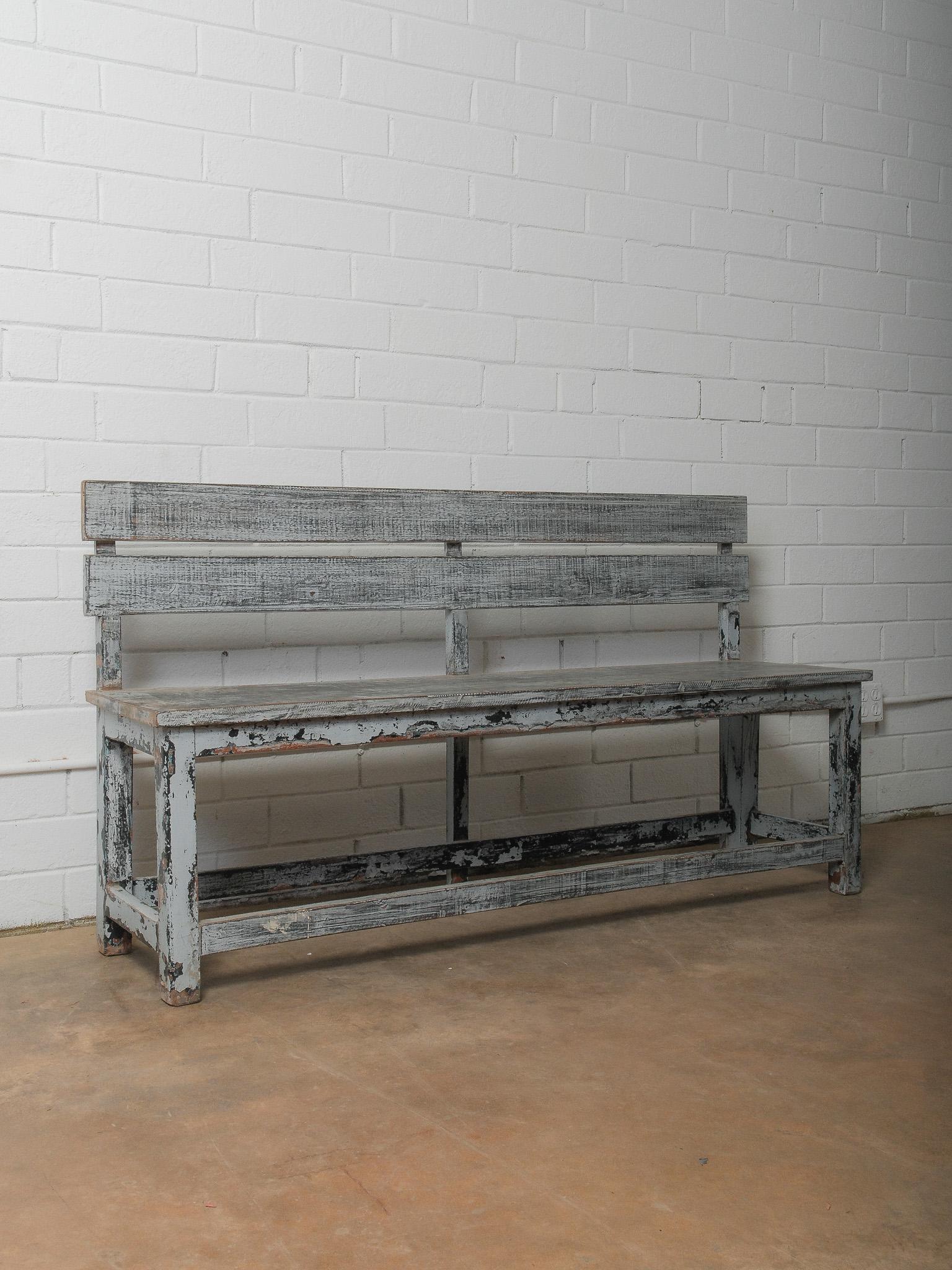 20th Century Distressed Grey Wooden Bench with Layered Patina For Sale