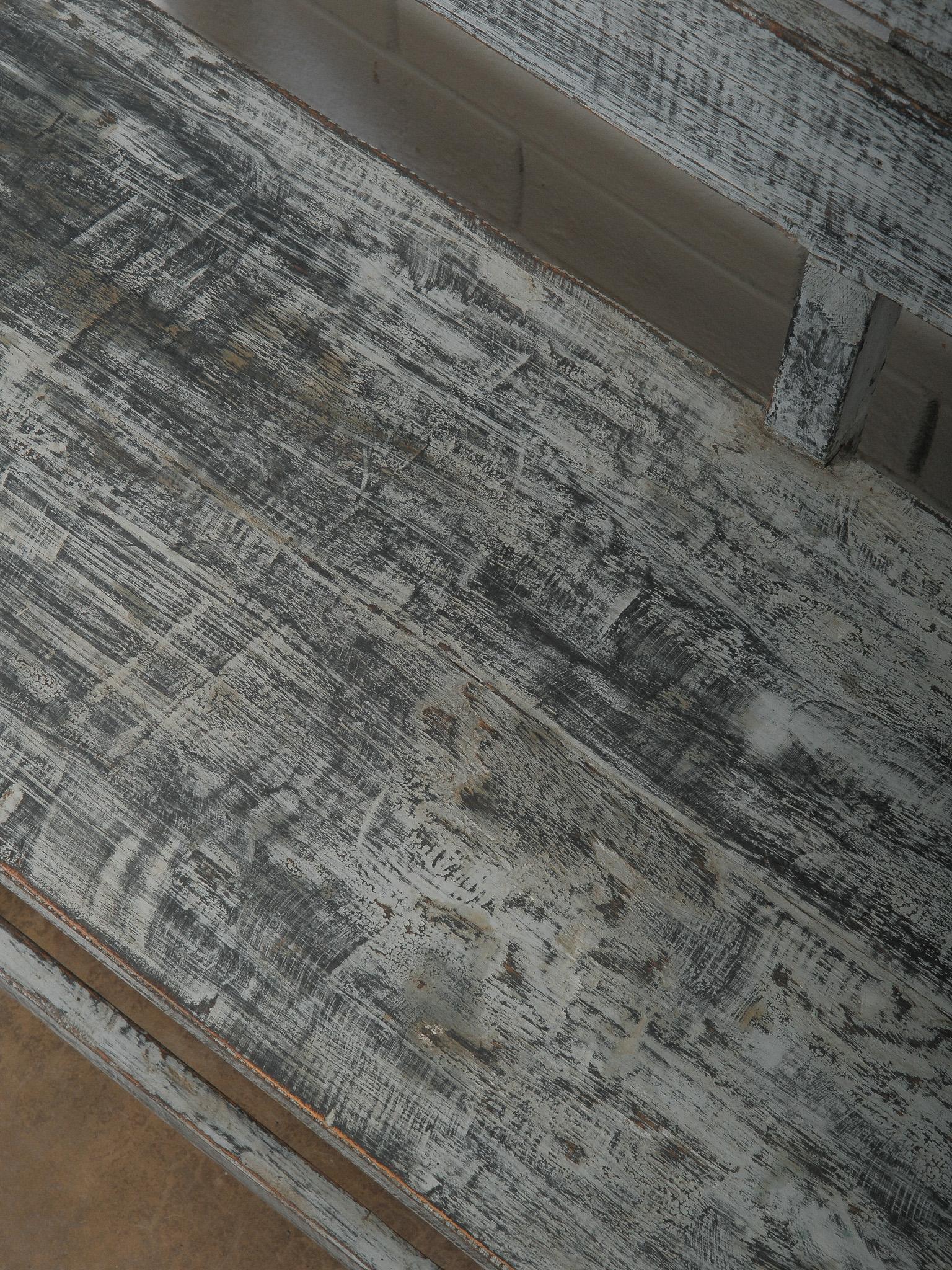 Distressed Grey Wooden Bench with Layered Patina For Sale 2