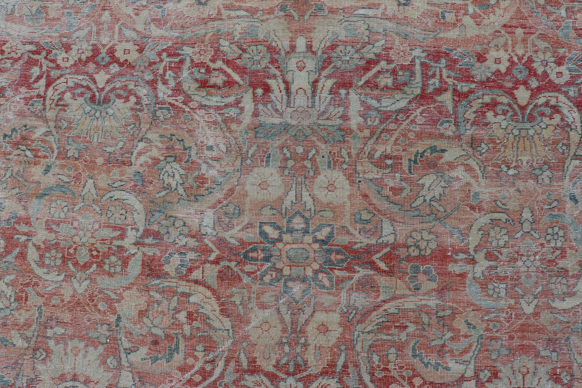 Distressed Hand Knotted Antique Persian Sultanabad Rug Faded Red and Blue Colors For Sale 2