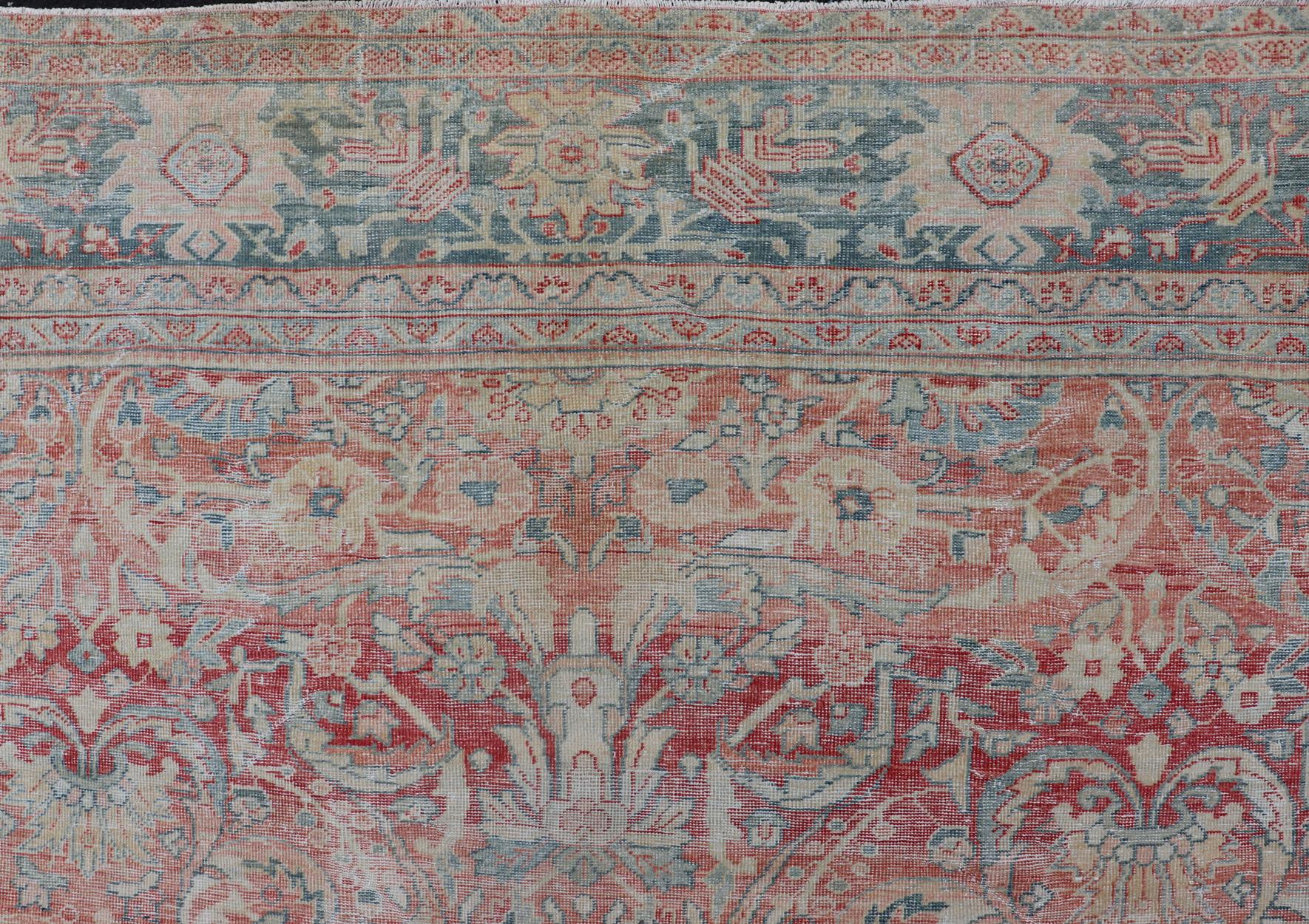 Distressed Hand Knotted Antique Persian Sultanabad Rug Faded Red and Blue Colors For Sale 3