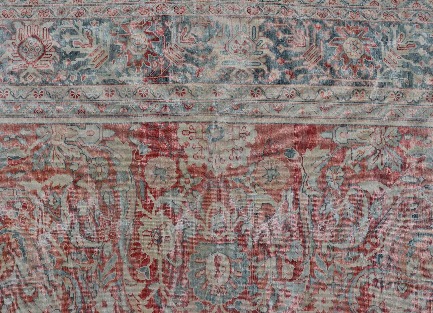 Distressed Hand Knotted Antique Persian Sultanabad Rug Faded Red and Blue Colors For Sale 4