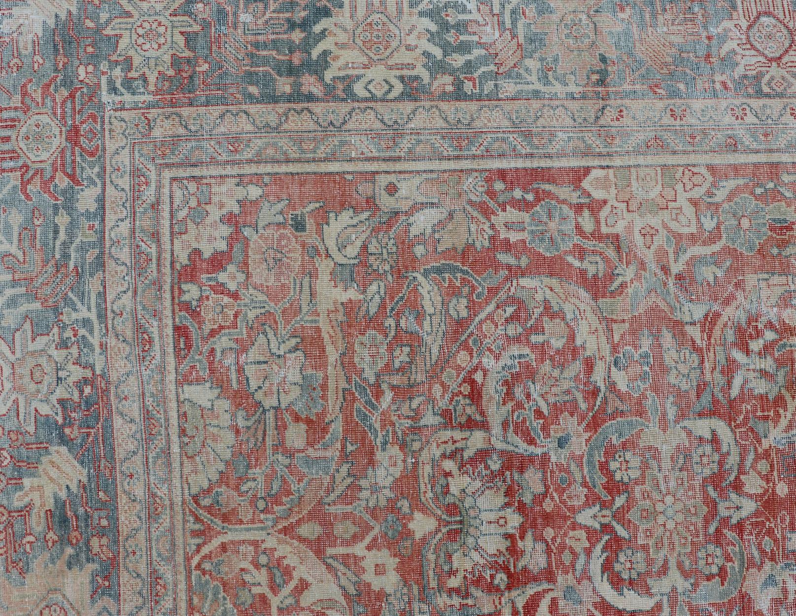 Distressed Hand Knotted Antique Persian Sultanabad Rug Faded Red and Blue Colors For Sale 5