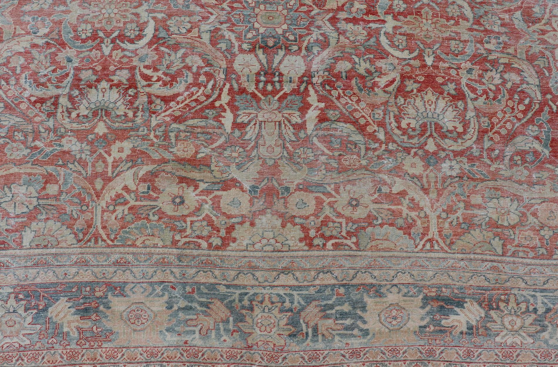 Distressed Hand Knotted Antique Persian Sultanabad Rug Faded Red and Blue Colors For Sale 6