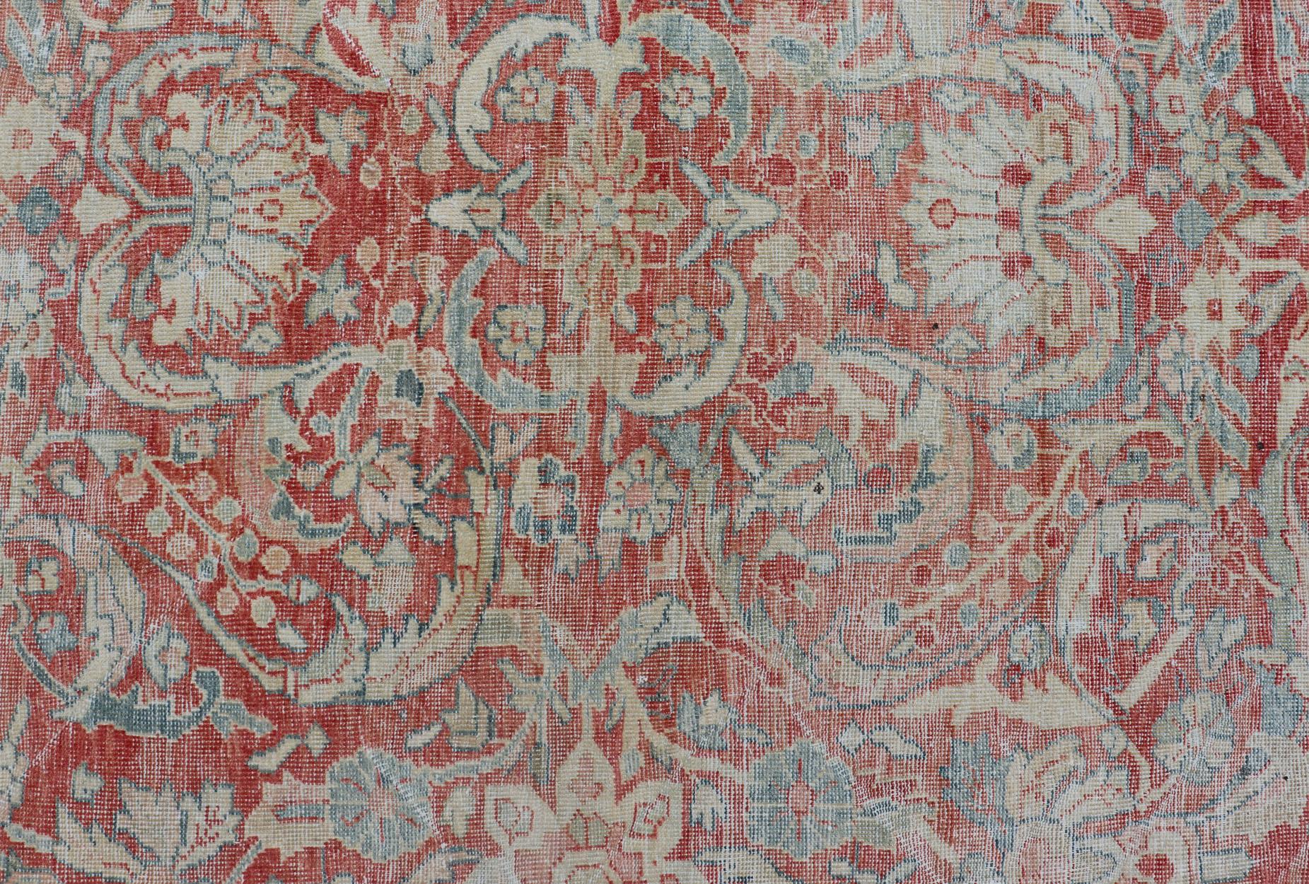 Distressed Hand Knotted Antique Persian Sultanabad Rug Faded Red and Blue Colors For Sale 7