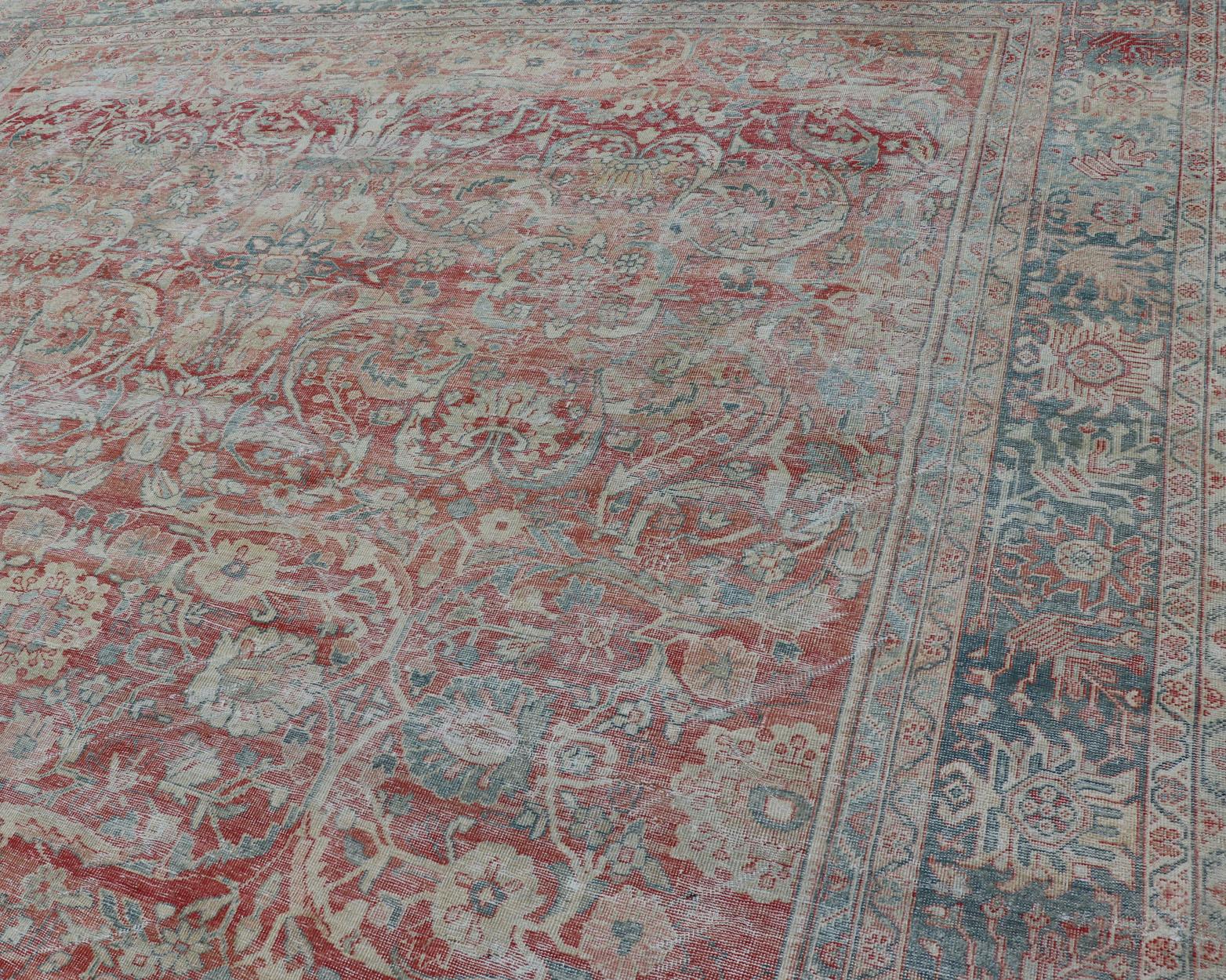 Distressed Hand Knotted Antique Persian Sultanabad Rug Faded Red and Blue Colors For Sale 8