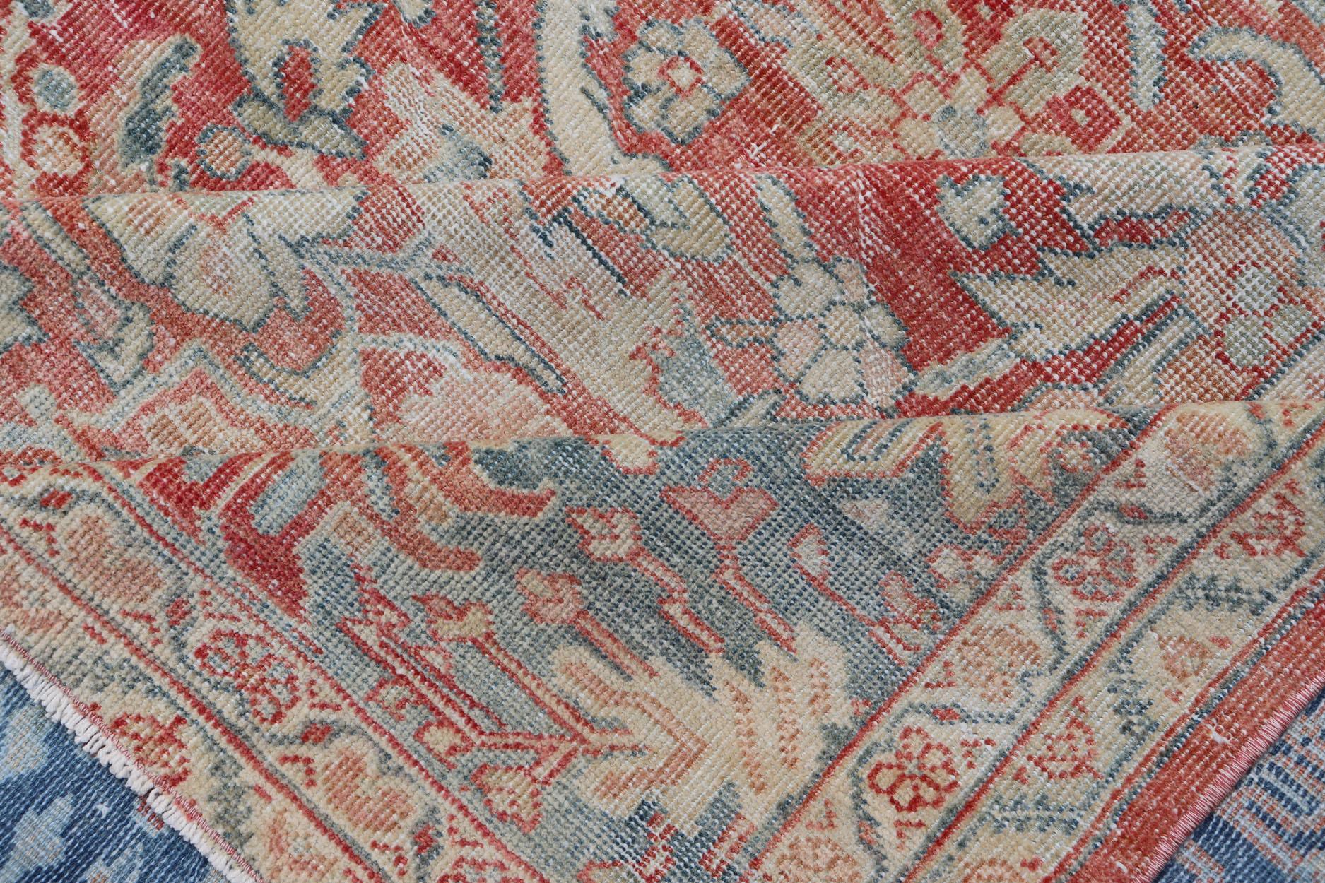 Distressed Hand Knotted Antique Persian Sultanabad Rug Faded Red and Blue Colors For Sale 9