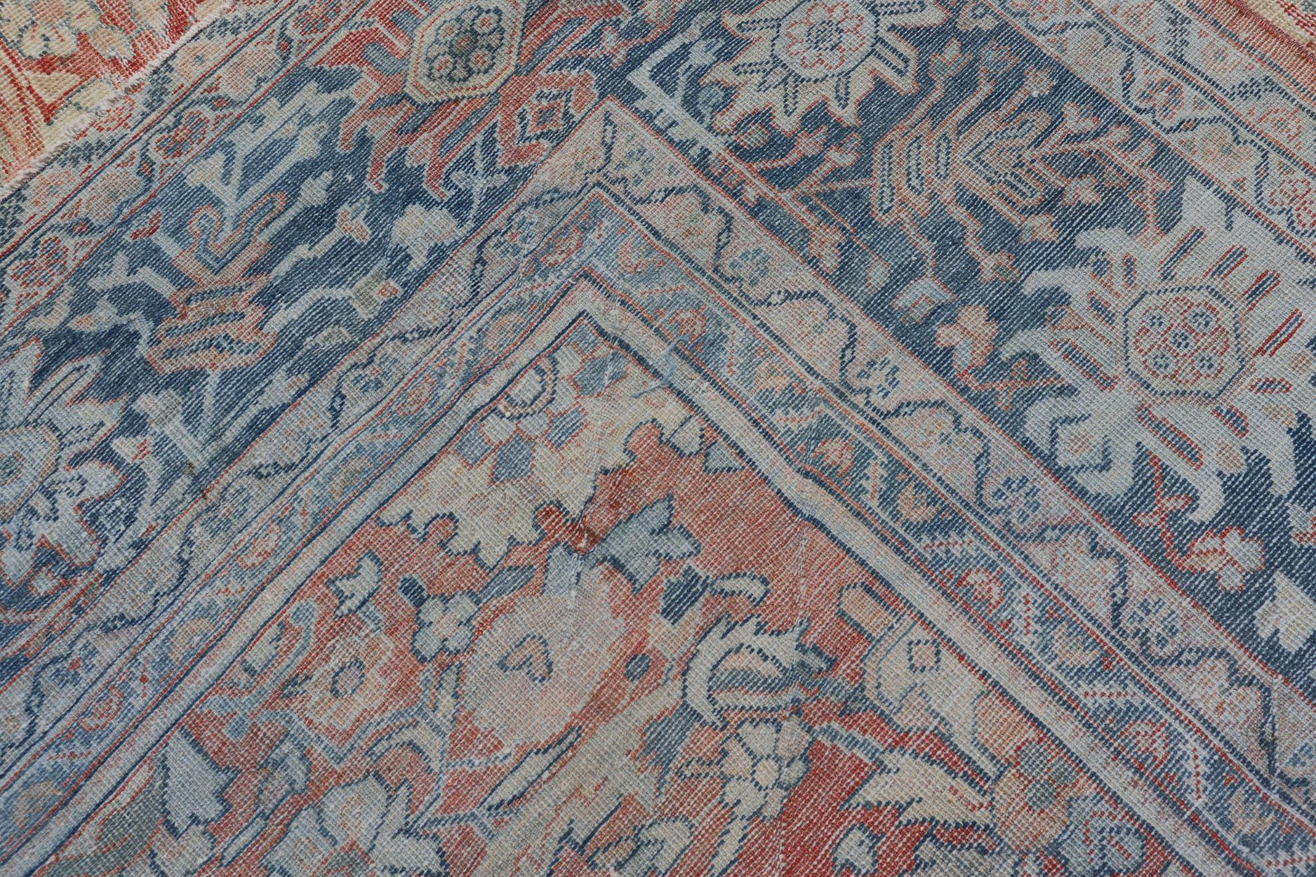 Distressed Hand Knotted Antique Persian Sultanabad Rug Faded Red and Blue Colors For Sale 10