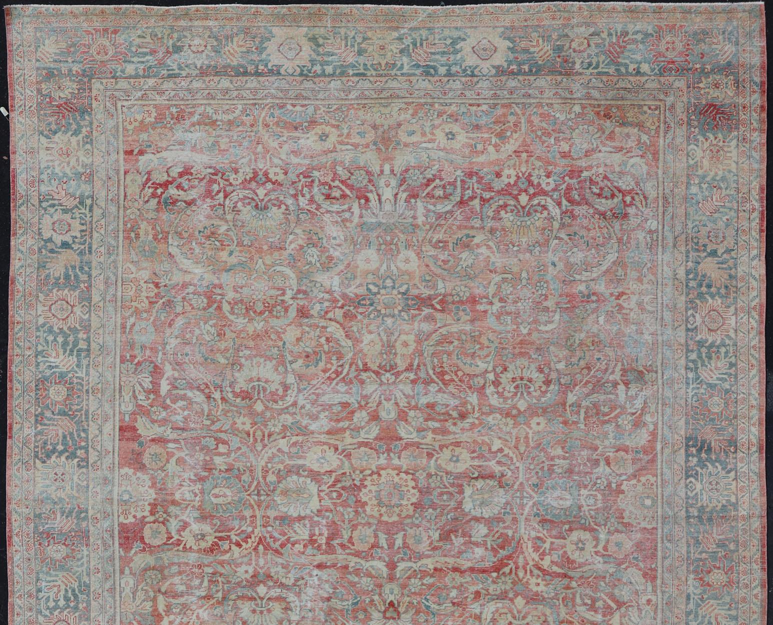 Asian Distressed Hand Knotted Antique Persian Sultanabad Rug Faded Red and Blue Colors For Sale
