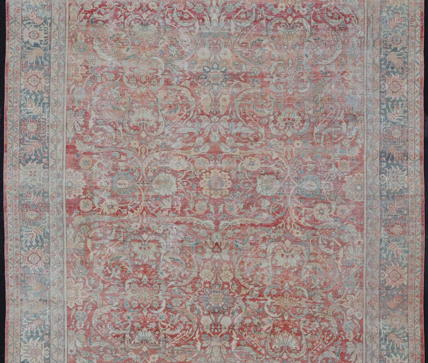 Hand-Knotted Distressed Hand Knotted Antique Persian Sultanabad Rug Faded Red and Blue Colors For Sale
