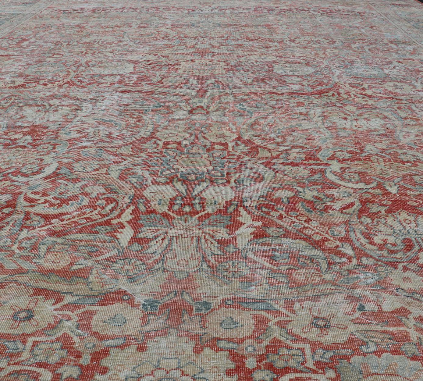 Wool Distressed Hand Knotted Antique Persian Sultanabad Rug Faded Red and Blue Colors For Sale