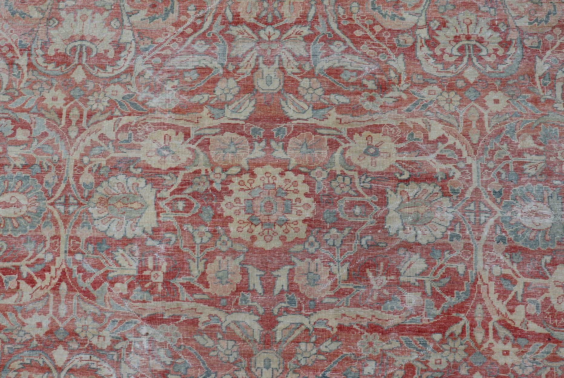 Distressed Hand Knotted Antique Persian Sultanabad Rug Faded Red and Blue Colors For Sale 1