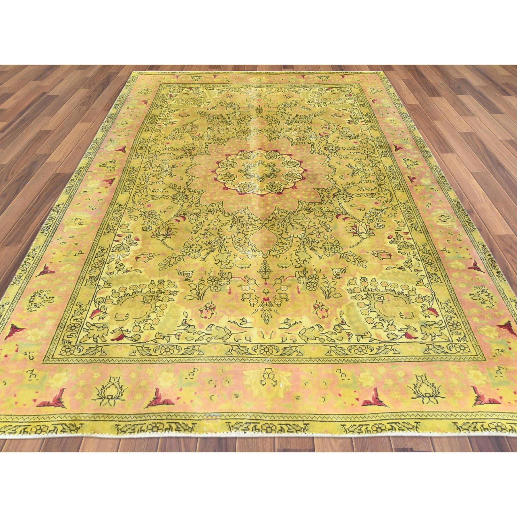 Hand-Knotted Distressed Hand Knotted Green Vintage Overdyed Persian Tabriz Worn Wool Rug