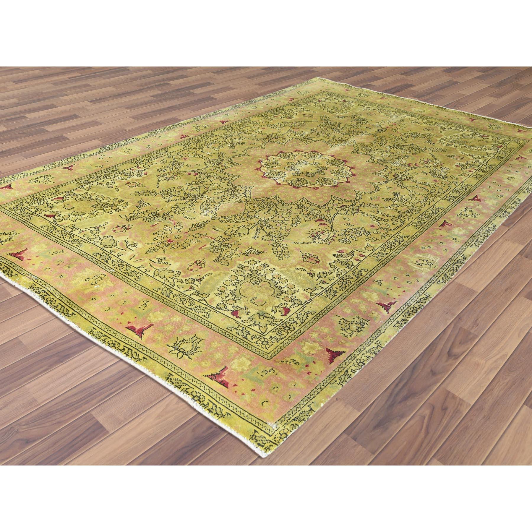 Distressed Hand Knotted Green Vintage Overdyed Persian Tabriz Worn Wool Rug In Good Condition In Carlstadt, NJ