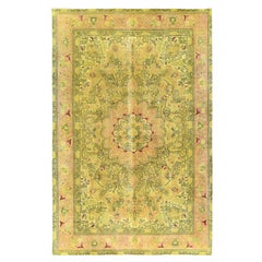 Distressed Hand Knotted Green Vintage Overdyed Persian Tabriz Worn Wool Rug