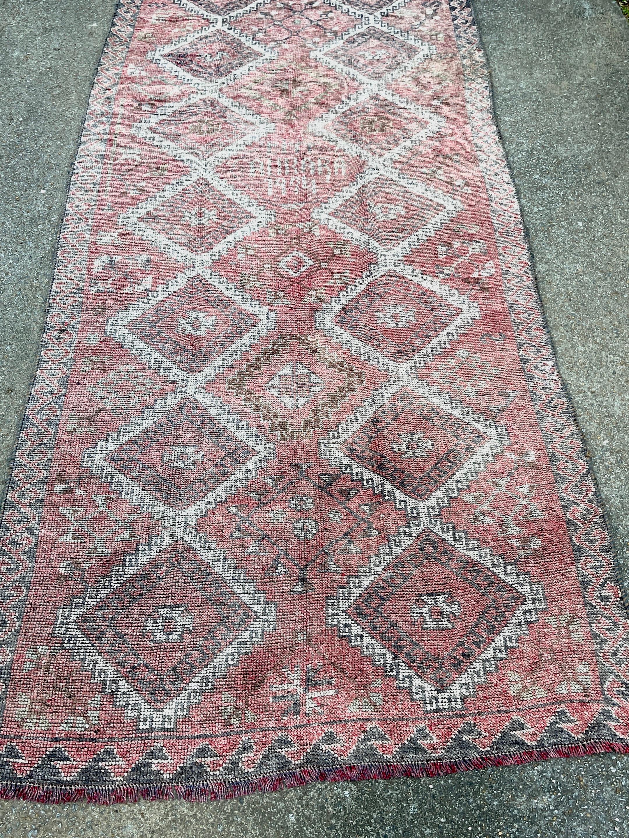 Distressed Hand-Knotted Wool Caucasian Rug 'Reservable' Signed & Dated 1994 In Good Condition For Sale In West Palm Beach, FL