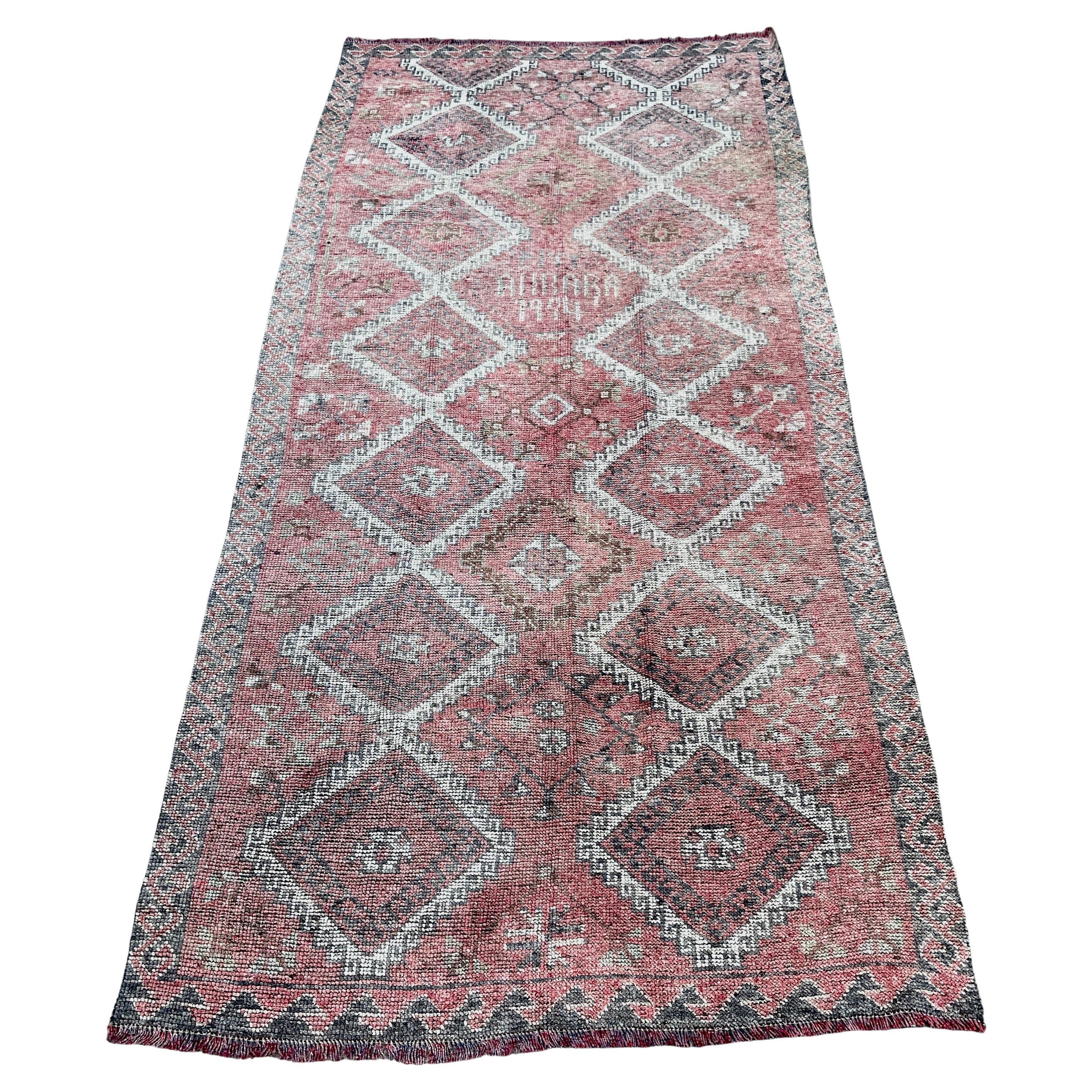 Distressed Hand-Knotted Wool Caucasian Rug 'Reservable' Signed & Dated 1994 For Sale