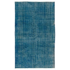 5.4x8.8 Ft Hand-Made 1950s Turkish Area Rug in Teal Blue. Modern Saloon Carpet