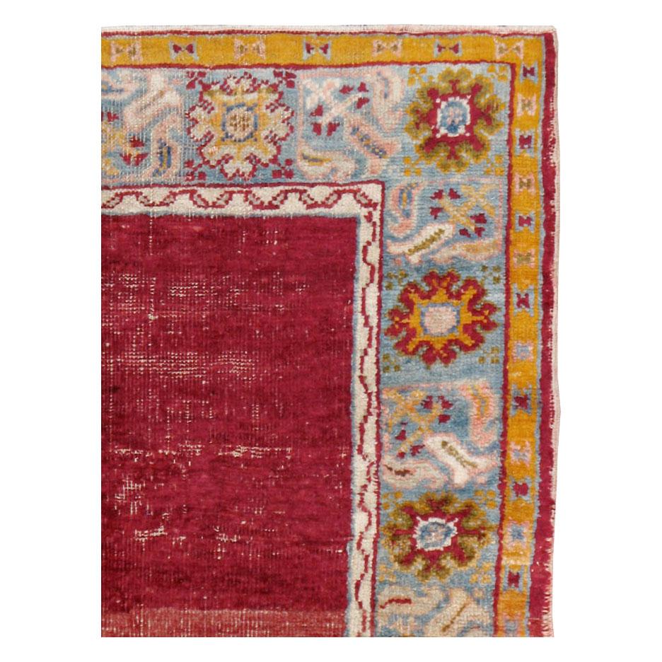 Rustic Distressed Handmade Turkish Rug in Crimson Red and Light Blue