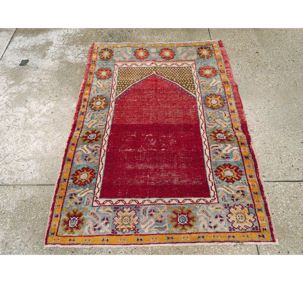 Hand-Knotted Distressed Handmade Turkish Rug in Crimson Red and Light Blue