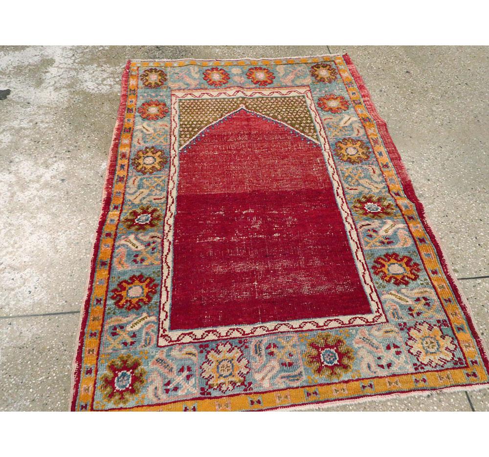 Distressed Handmade Turkish Rug in Crimson Red and Light Blue In Distressed Condition In New York, NY