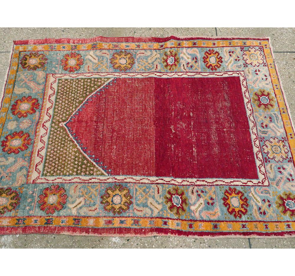 Wool Distressed Handmade Turkish Rug in Crimson Red and Light Blue