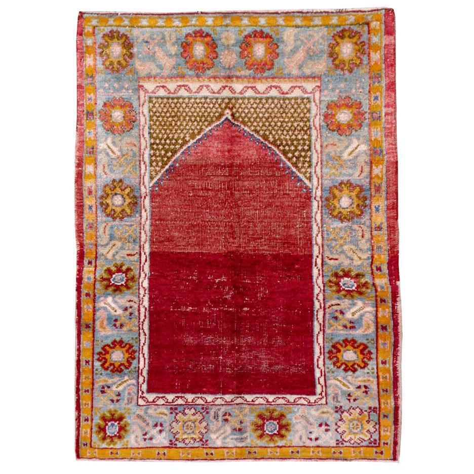 Distressed Handmade Turkish Rug in Crimson Red and Light Blue