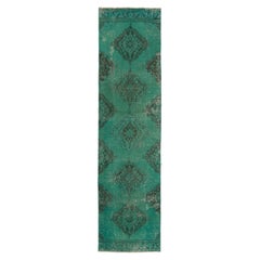 3.4x13 F Vintage Turkish Runner Rug Over-Dyed in Teal Color for Modern Interiors