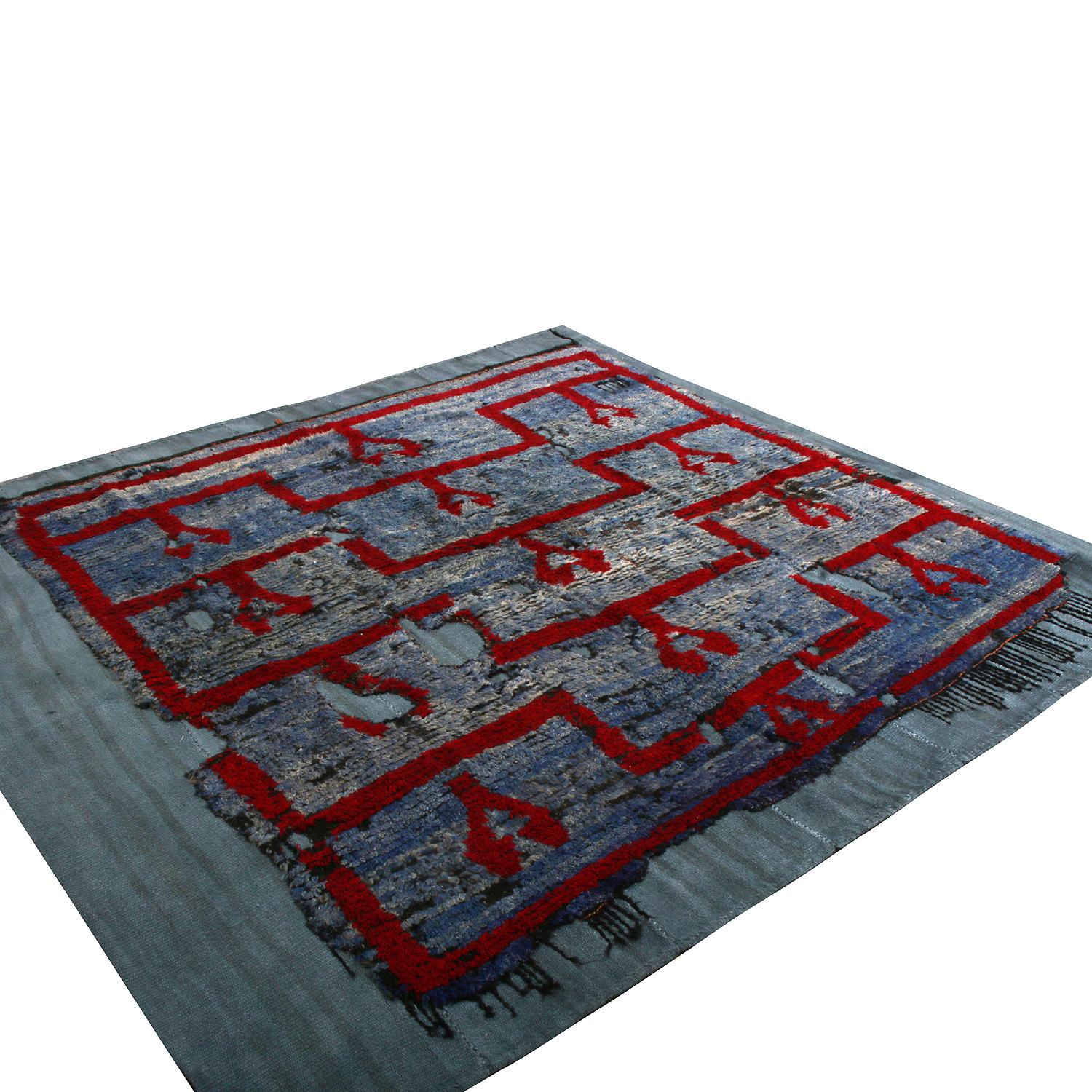 A unique 6x7 kilim rug from our flatweave repertoire playing two pieces on top of each other making a statement piece with a flat base with some pile atop blissfully accompanied by distressed variation further lending to the exclusivity & rarity of