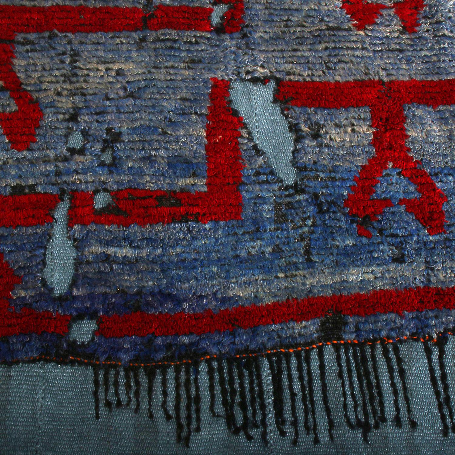 Hand-Knotted Rug & Kilim's Distressed High-Low Square Kilim, Blue, Red Geometric Pattern For Sale