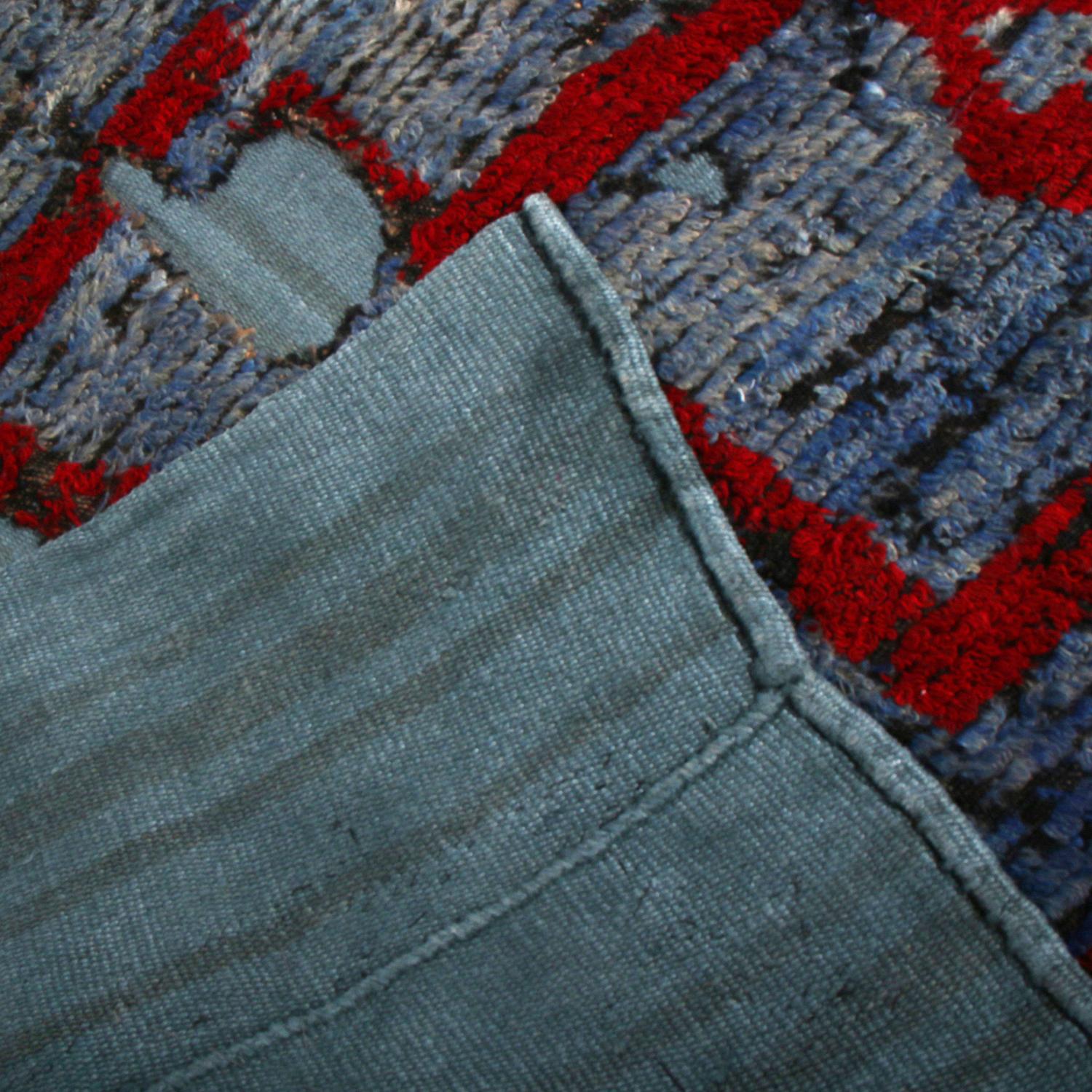 Rug & Kilim's Distressed High-Low Square Kilim, Blue, Red Geometric Pattern In New Condition For Sale In Long Island City, NY