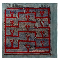 Rug & Kilim's Distressed High-Low Square Kilim, Blue, Red Geometric Pattern