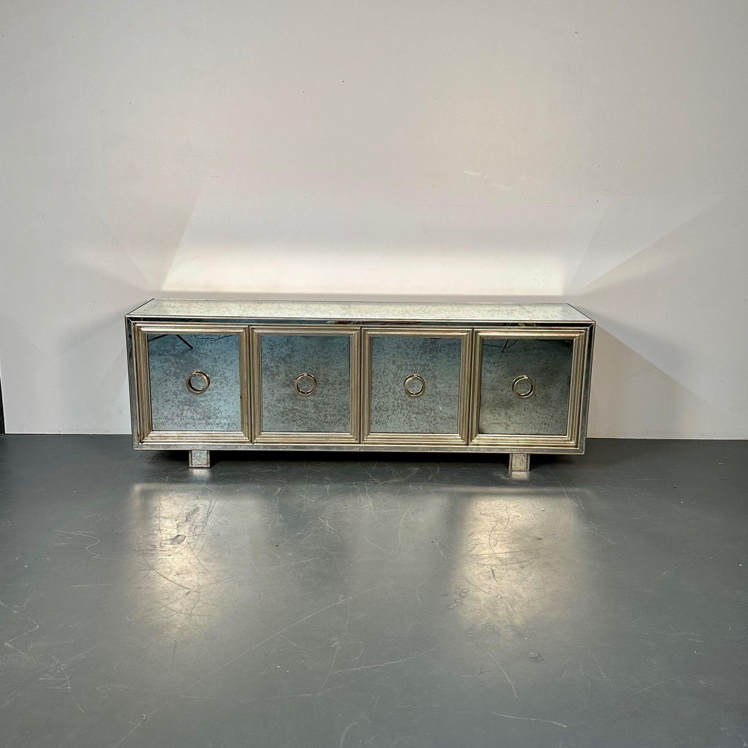 American Hollywood Regency, Sideboard, Distressed Mirror, Silver Gilt, USA, 2000s For Sale