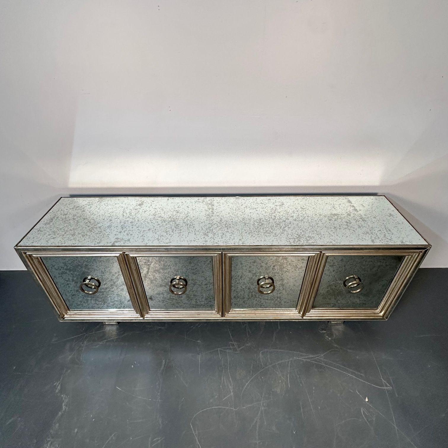 Contemporary Hollywood Regency, Sideboard, Distressed Mirror, Silver Gilt, USA, 2000s For Sale