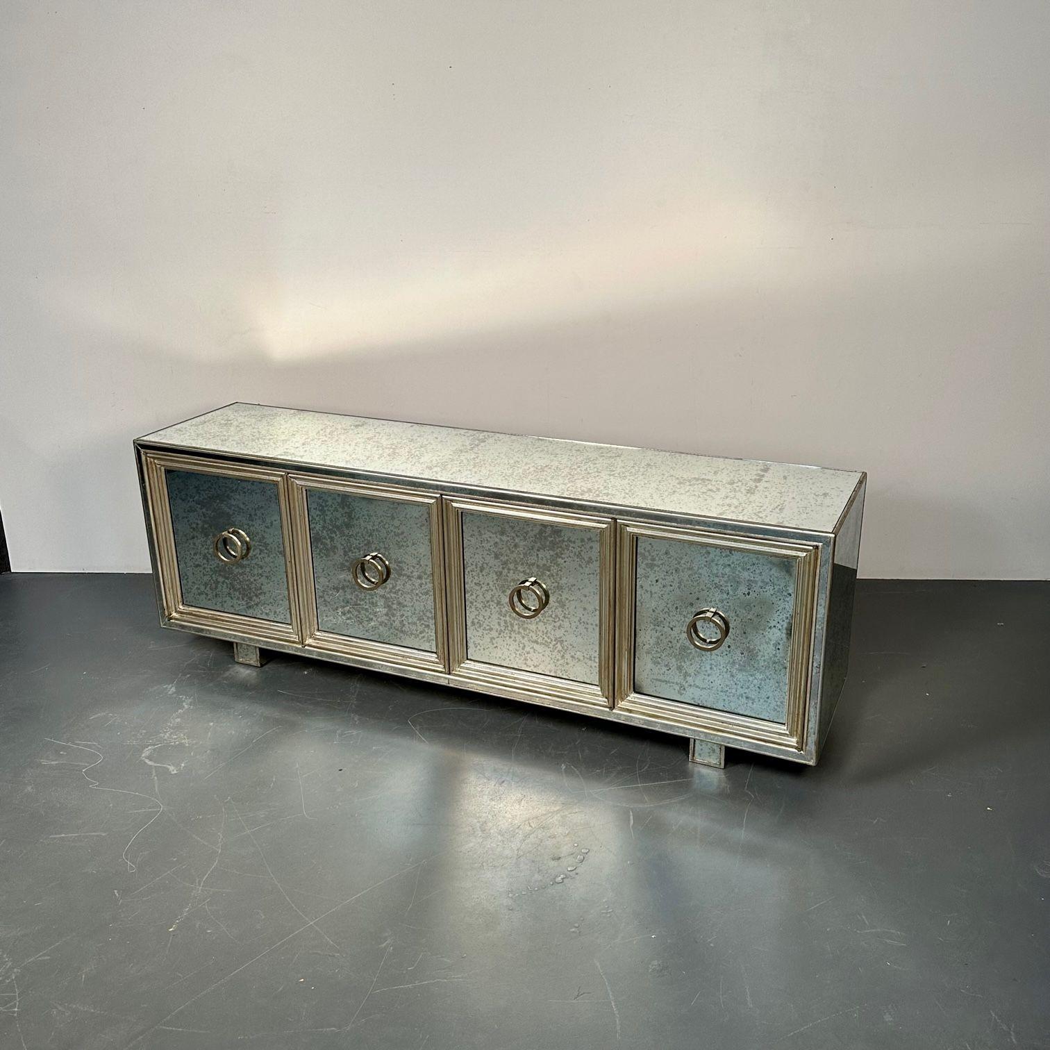 Hollywood Regency, Sideboard, Distressed Mirror, Silver Gilt, USA, 2000s For Sale 1