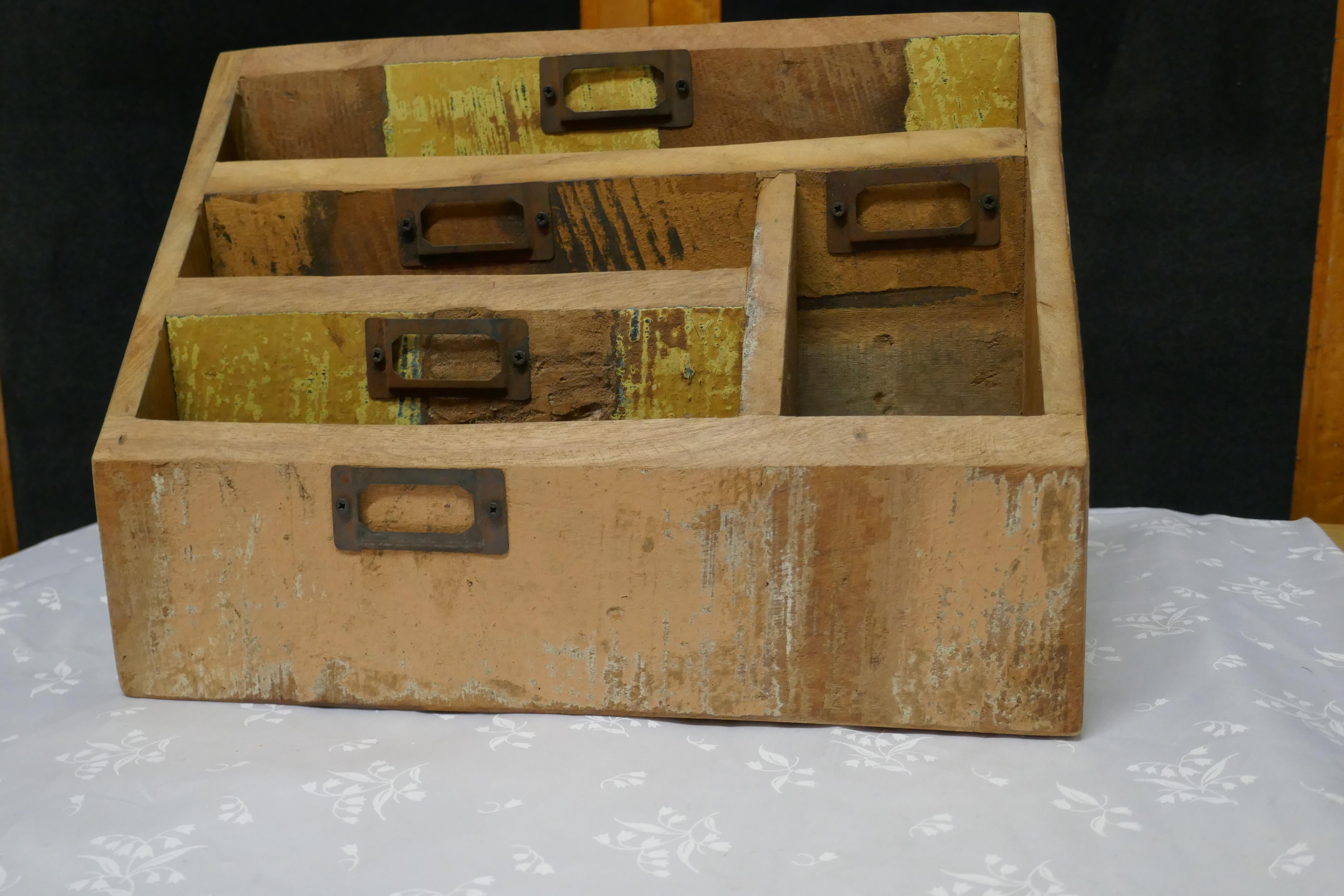 Distressed Industrial Look Desk Top Stationary Box Letter Rack In Distressed Condition For Sale In Chillerton, Isle of Wight
