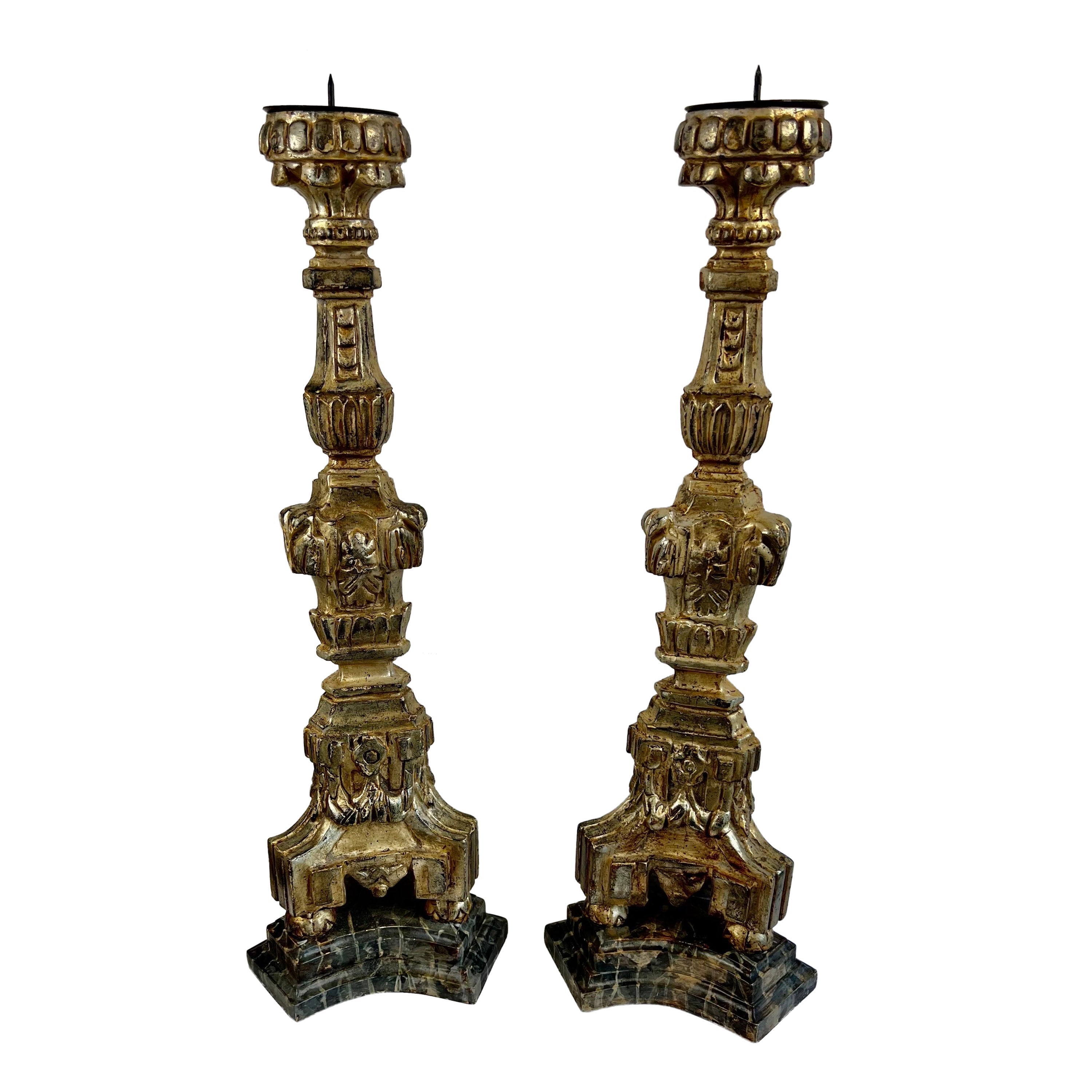 Distressed Italian Silver & Gold Gilt Candlesticks, 20th Century