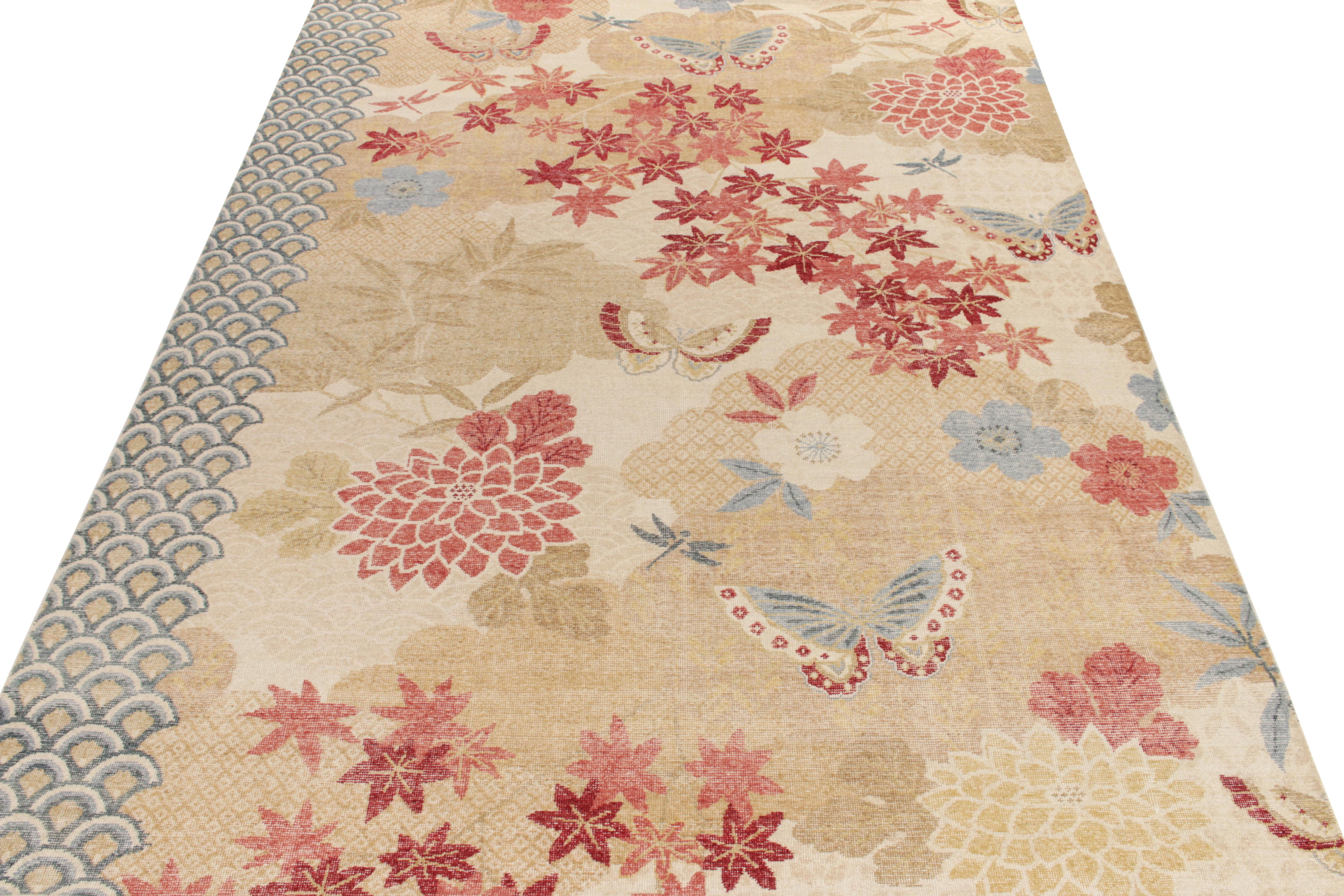 From Rug & Kilim’s Homage collection, a 9x12 distressed style piece inspired from Japanese deco pictorials, featuring an elegant blend of butterflies and florals in subtle red, blue and beige colorways on a cream backdrop transitioning smoothly for