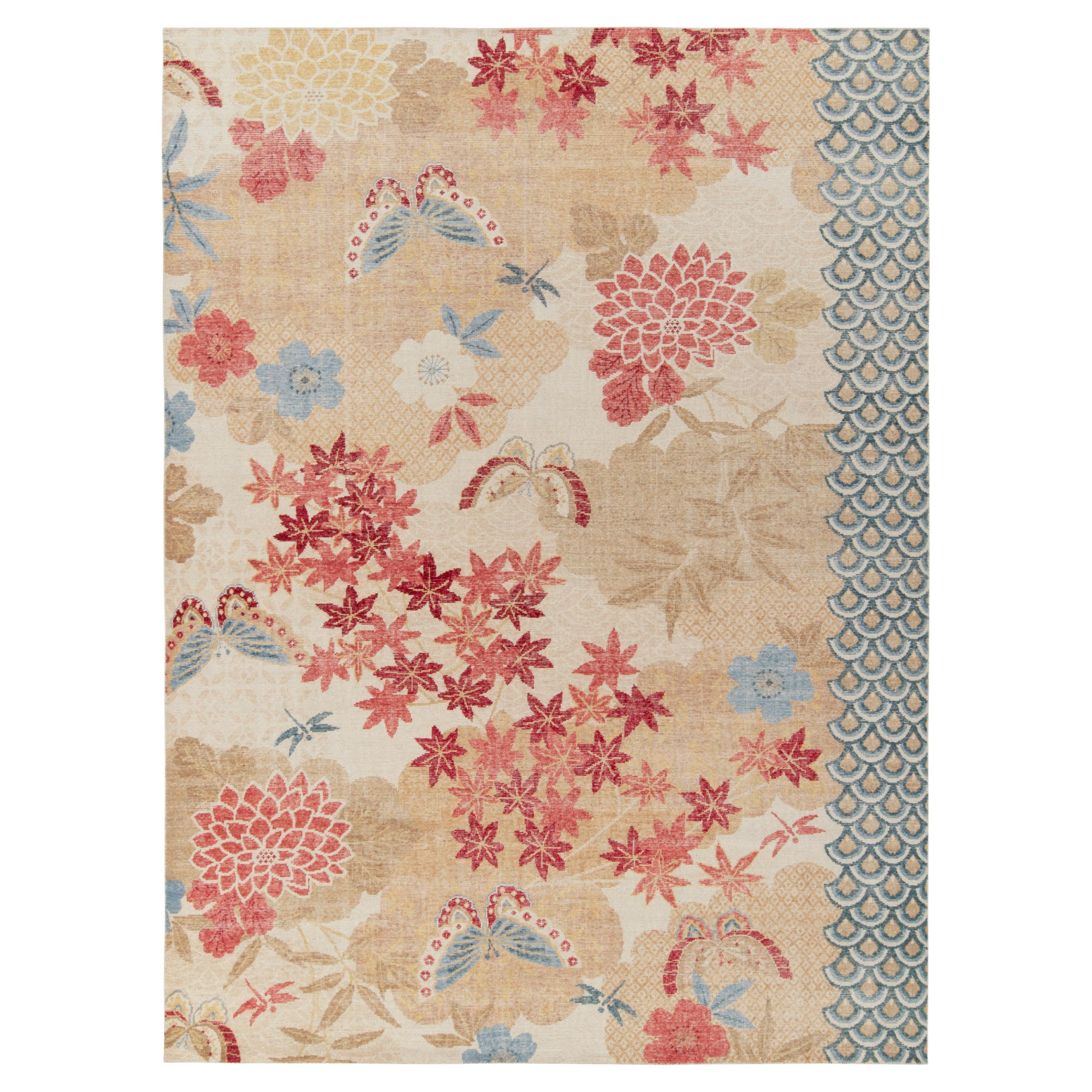 Rug & Kilim's Distressed Japanese Style Rug in Beige, Red, Blue Pictorials For Sale