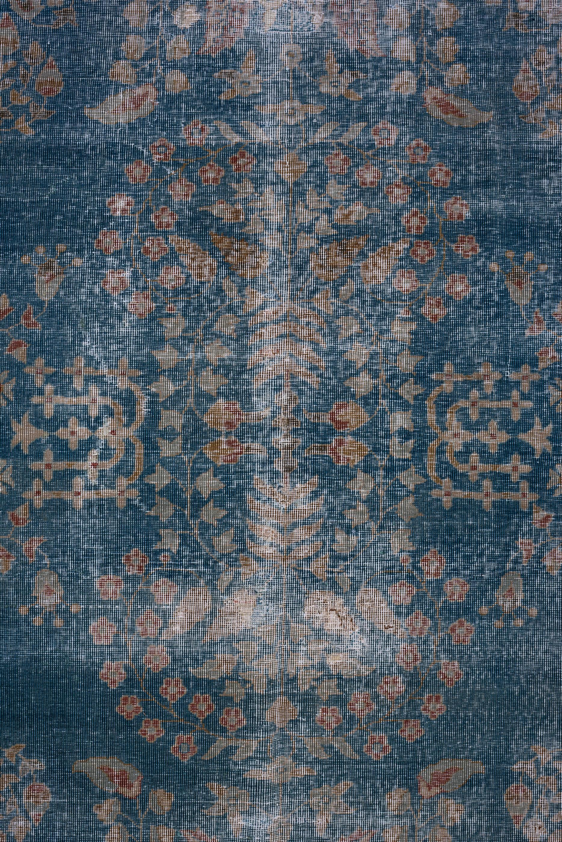 Hand-Knotted Distressed Kerman Rug with Royal Blue Field and Floral Design, Circa 1920's