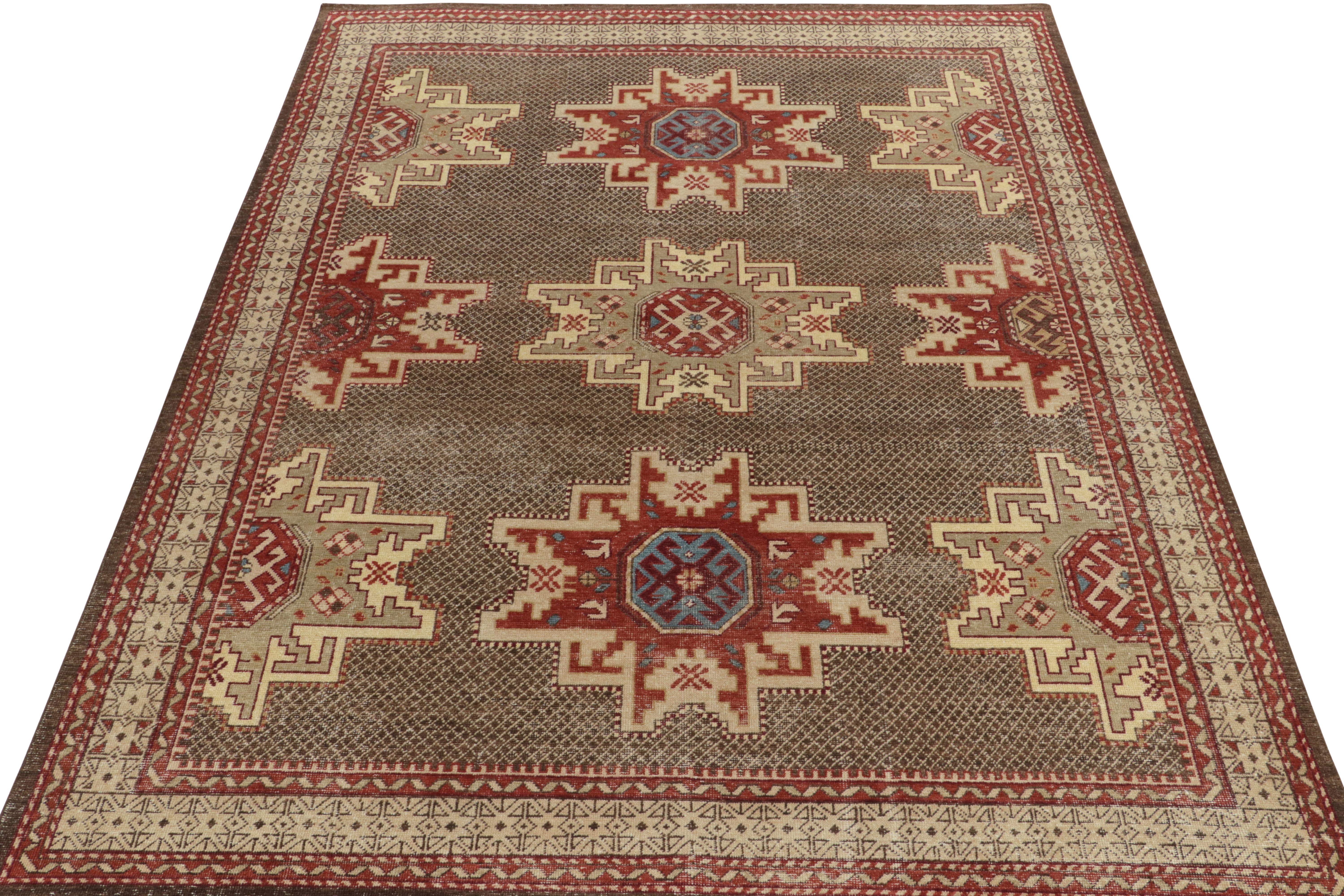 Tribal Rug & Kilim's Distressed Kuba Style Rug in Red, Beige-Brown Medallions For Sale