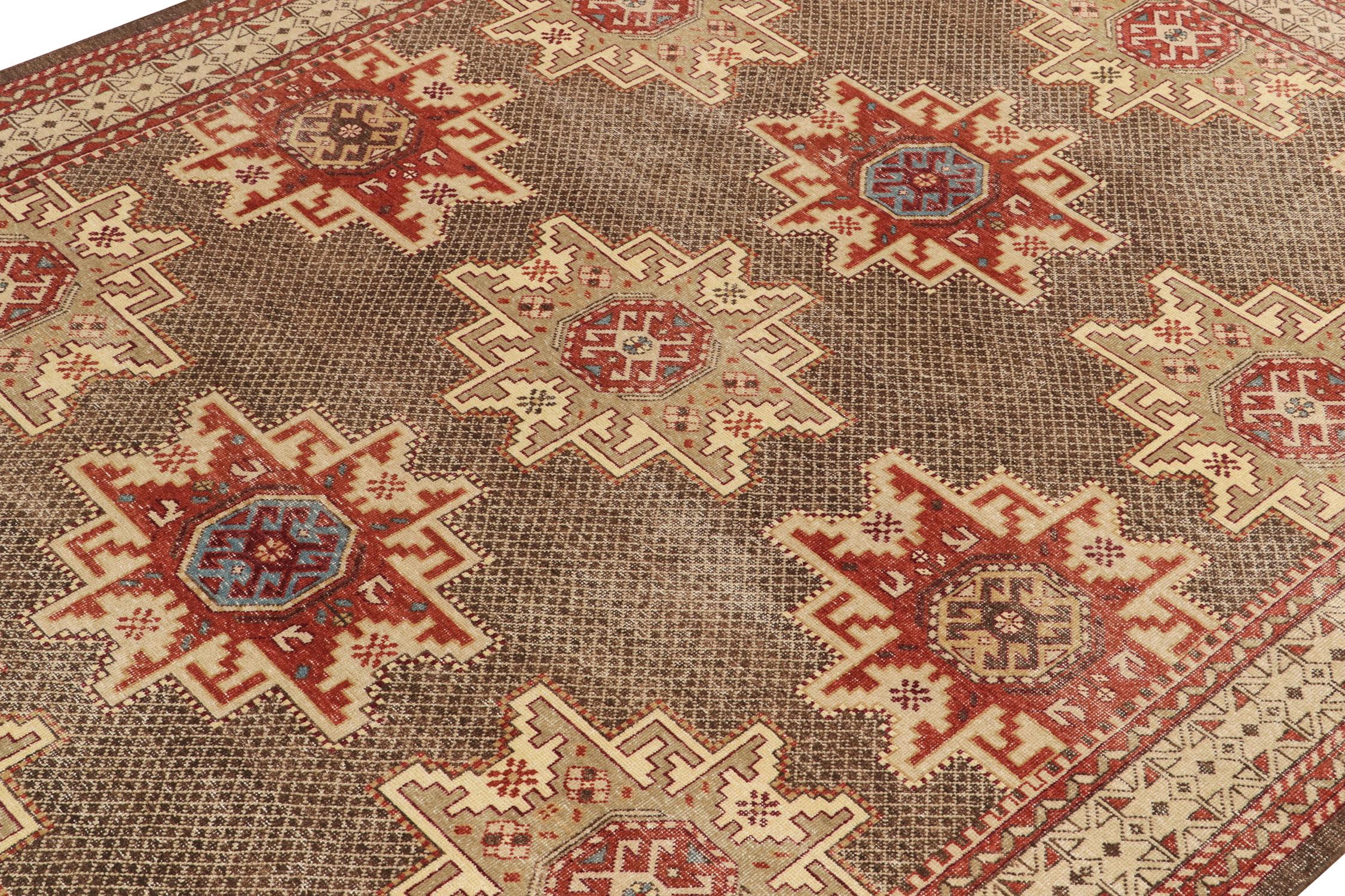 Indian Rug & Kilim's Distressed Kuba Style Rug in Red, Beige-Brown Medallions For Sale